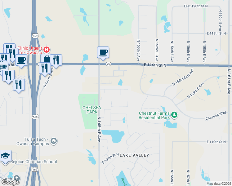 map of restaurants, bars, coffee shops, grocery stores, and more near 14611 East 114th Street North in Owasso