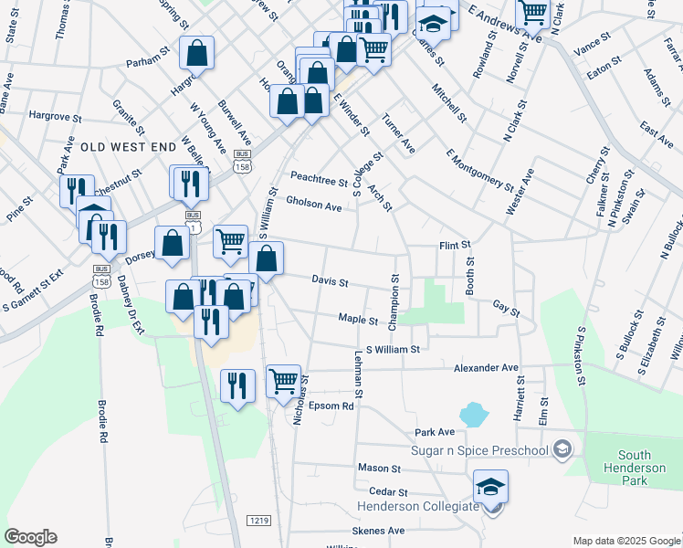 map of restaurants, bars, coffee shops, grocery stores, and more near 315 Davis Street in Henderson