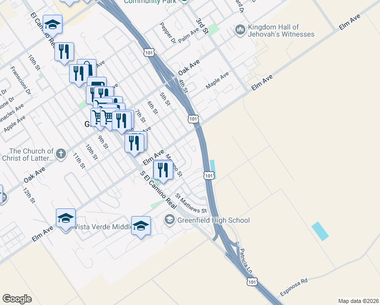 map of restaurants, bars, coffee shops, grocery stores, and more near 15 Walker Lane in Greenfield
