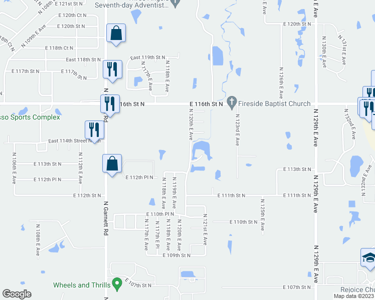 map of restaurants, bars, coffee shops, grocery stores, and more near 11386 North 120th East Avenue in Owasso