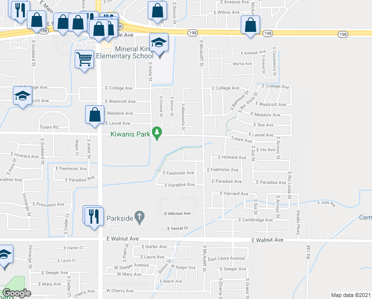 map of restaurants, bars, coffee shops, grocery stores, and more near 1318 South Simon Court in Visalia