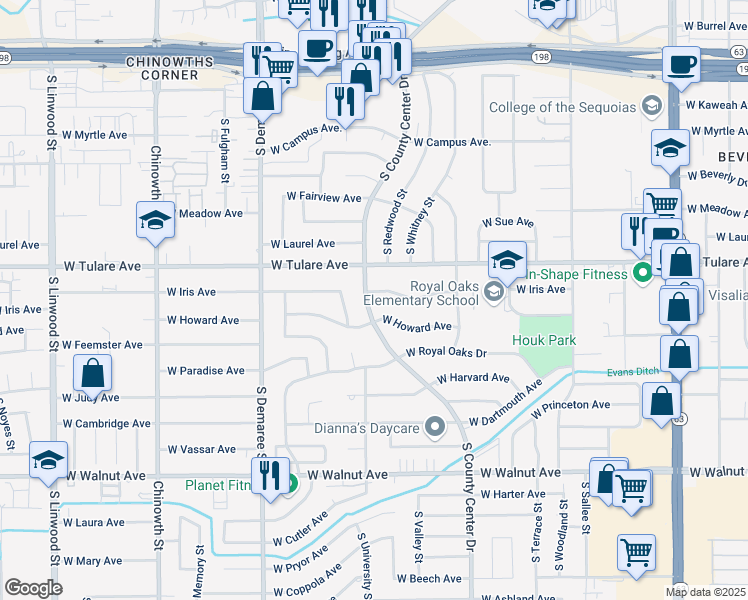 map of restaurants, bars, coffee shops, grocery stores, and more near 3234 W Iris Ave in Visalia
