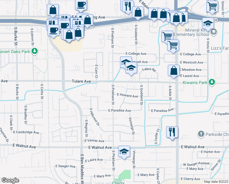 map of restaurants, bars, coffee shops, grocery stores, and more near 1308 South Pinkham Street in Visalia