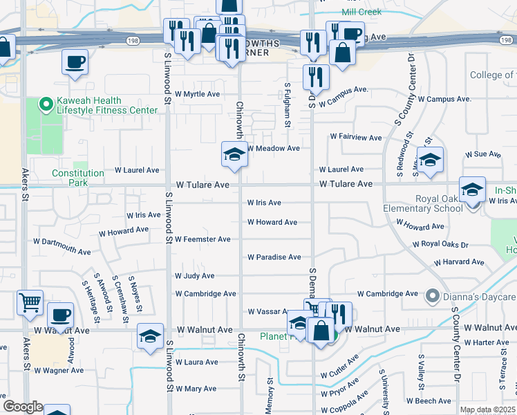 map of restaurants, bars, coffee shops, grocery stores, and more near 4005 West Iris Avenue in Visalia