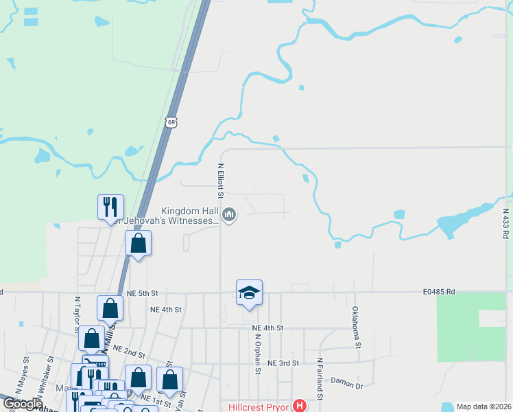 map of restaurants, bars, coffee shops, grocery stores, and more near 809 Bonnie Avenue in Pryor