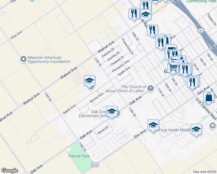 map of restaurants, bars, coffee shops, grocery stores, and more near 1206 Morris Avenue in Greenfield