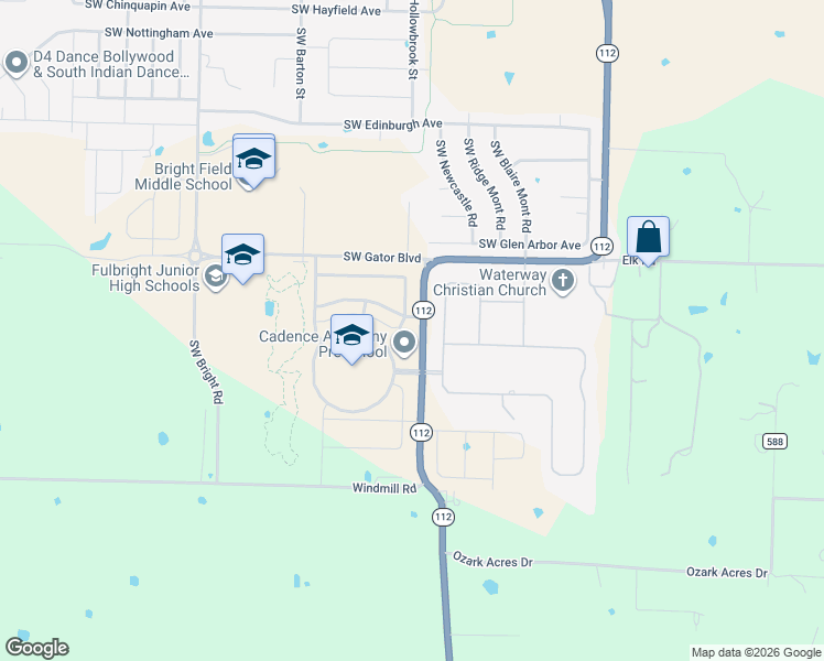 map of restaurants, bars, coffee shops, grocery stores, and more near 1401 Southwest Rosedale Avenue in Bentonville