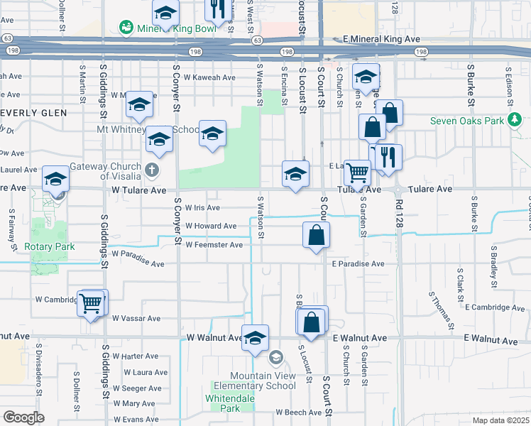 map of restaurants, bars, coffee shops, grocery stores, and more near 1302 South Watson Street in Visalia