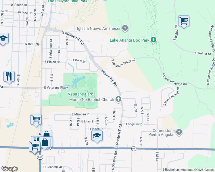 map of restaurants, bars, coffee shops, grocery stores, and more near 1320 Monte Ne Road in Rogers