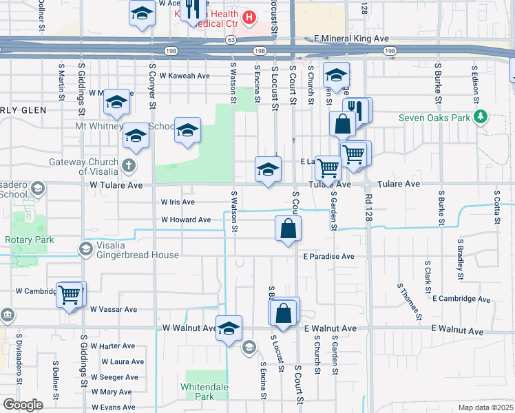 map of restaurants, bars, coffee shops, grocery stores, and more near 309 West Tulare Avenue in Visalia