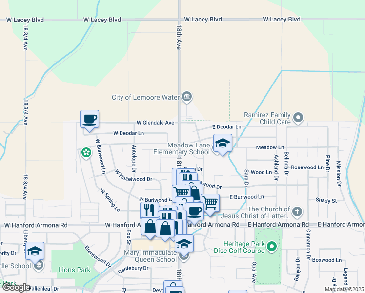 map of restaurants, bars, coffee shops, grocery stores, and more near 1525 18th Avenue in Lemoore