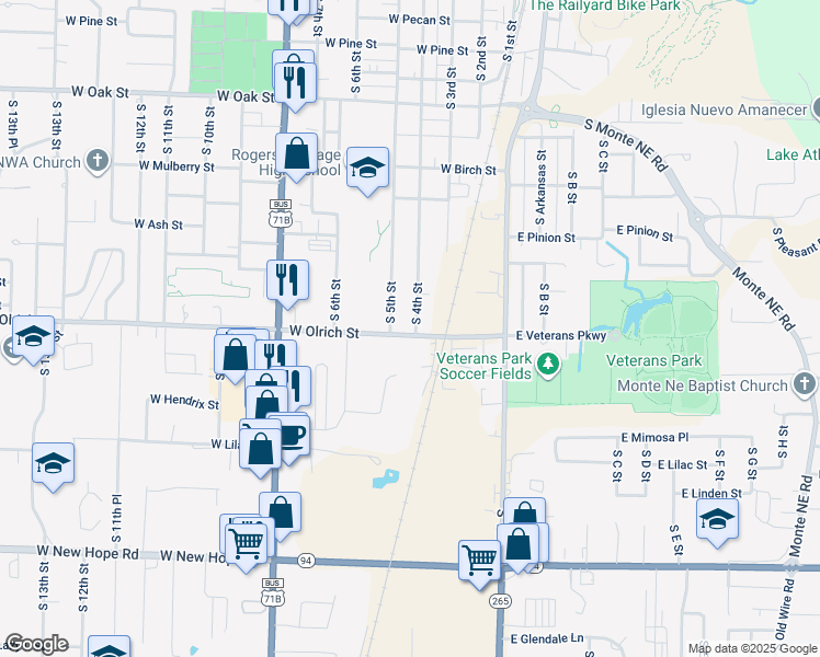 map of restaurants, bars, coffee shops, grocery stores, and more near 1509 South 4th Street in Rogers