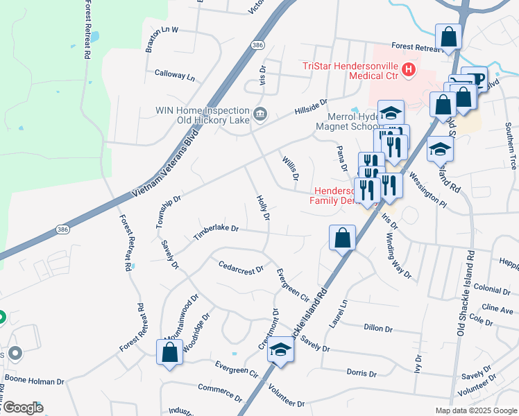 map of restaurants, bars, coffee shops, grocery stores, and more near 113 Holly Drive in Hendersonville