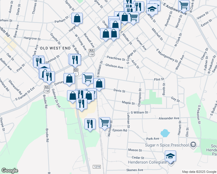 map of restaurants, bars, coffee shops, grocery stores, and more near 231 Davis Street in Henderson
