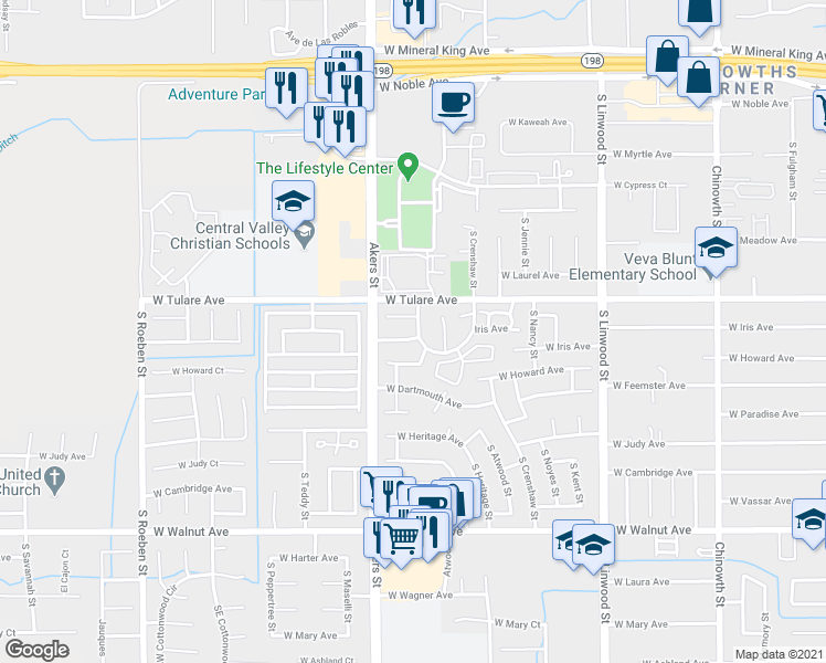 map of restaurants, bars, coffee shops, grocery stores, and more near 4938 West Westgate Avenue in Visalia