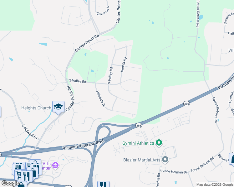 map of restaurants, bars, coffee shops, grocery stores, and more near 136 2 Valley Road in Hendersonville