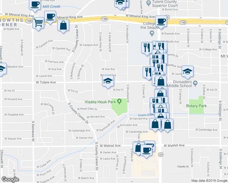 map of restaurants, bars, coffee shops, grocery stores, and more near 2639 West Iris Court in Visalia