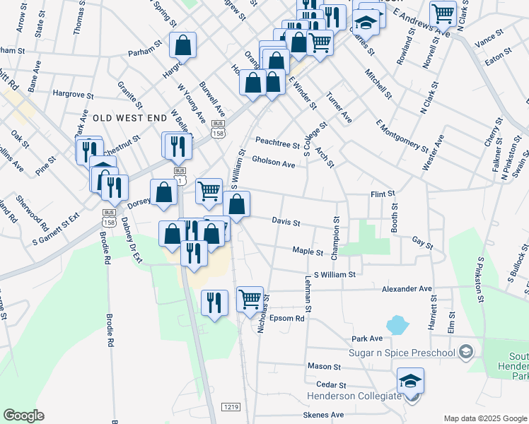 map of restaurants, bars, coffee shops, grocery stores, and more near 249 Davis Street in Henderson