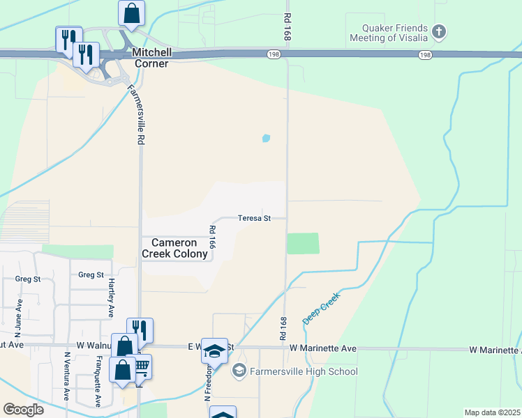 map of restaurants, bars, coffee shops, grocery stores, and more near 29205 Road 168 in Visalia