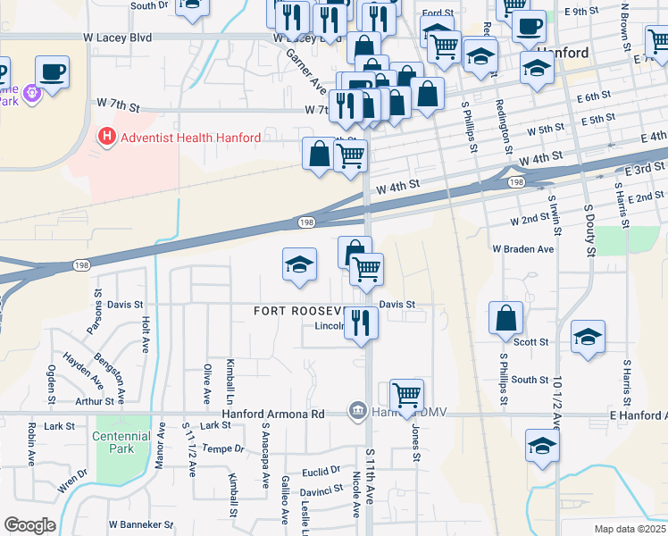 map of restaurants, bars, coffee shops, grocery stores, and more near 820 Silverado Street in Hanford