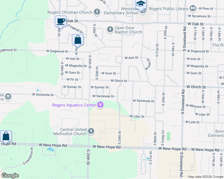 map of restaurants, bars, coffee shops, grocery stores, and more near 1500 South 24th Street in Rogers