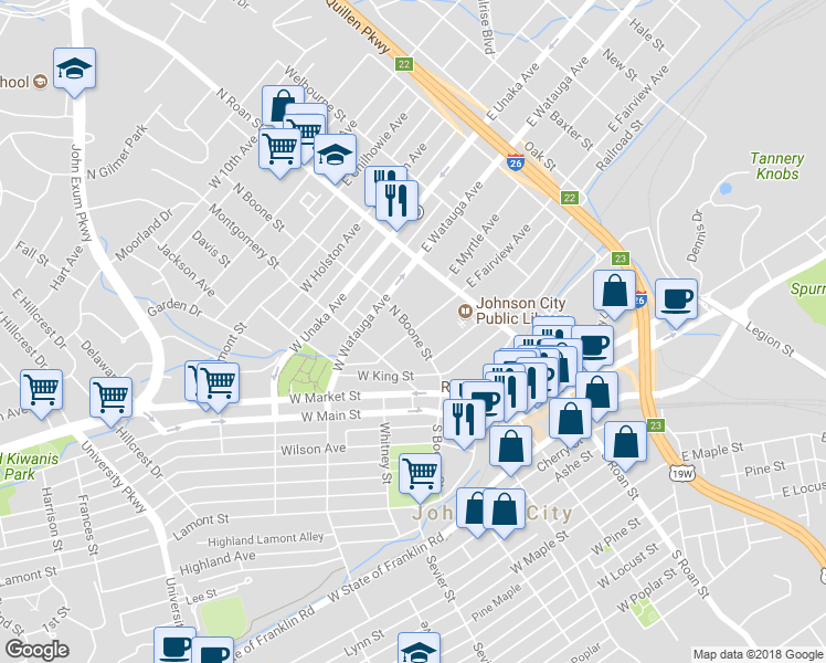 map of restaurants, bars, coffee shops, grocery stores, and more near 201 West Fairview Avenue in Johnson City