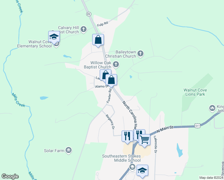 map of restaurants, bars, coffee shops, grocery stores, and more near 4892 North Carolina Highway 89 East in Walnut Cove