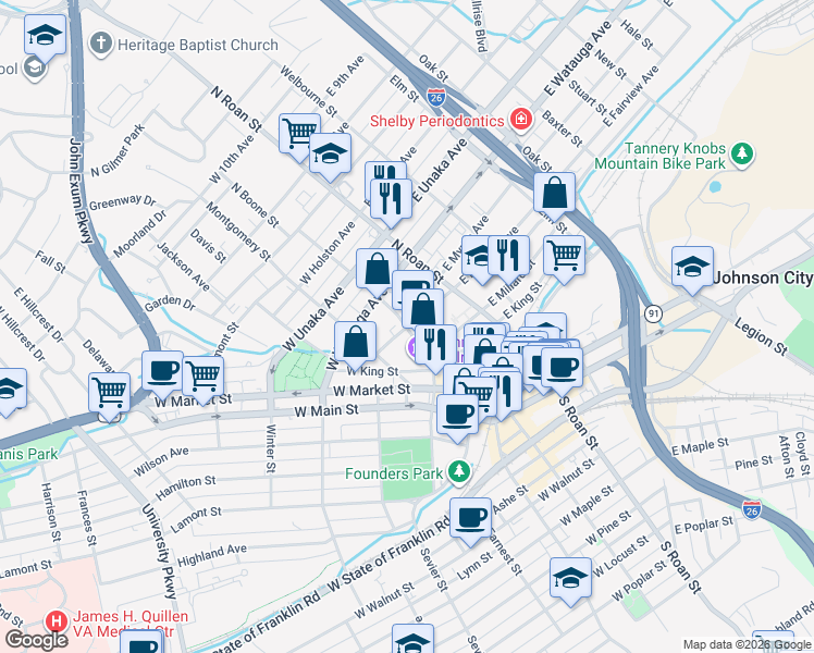 map of restaurants, bars, coffee shops, grocery stores, and more near West Fairview Avenue in Johnson City