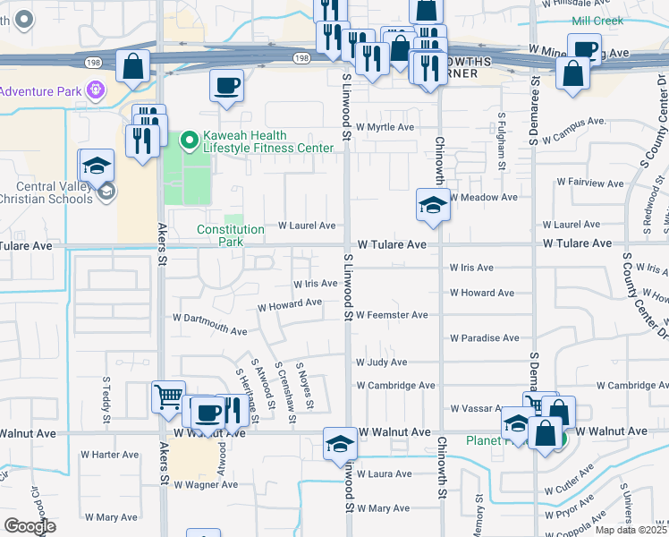map of restaurants, bars, coffee shops, grocery stores, and more near 4525 West Tulare Avenue in Visalia