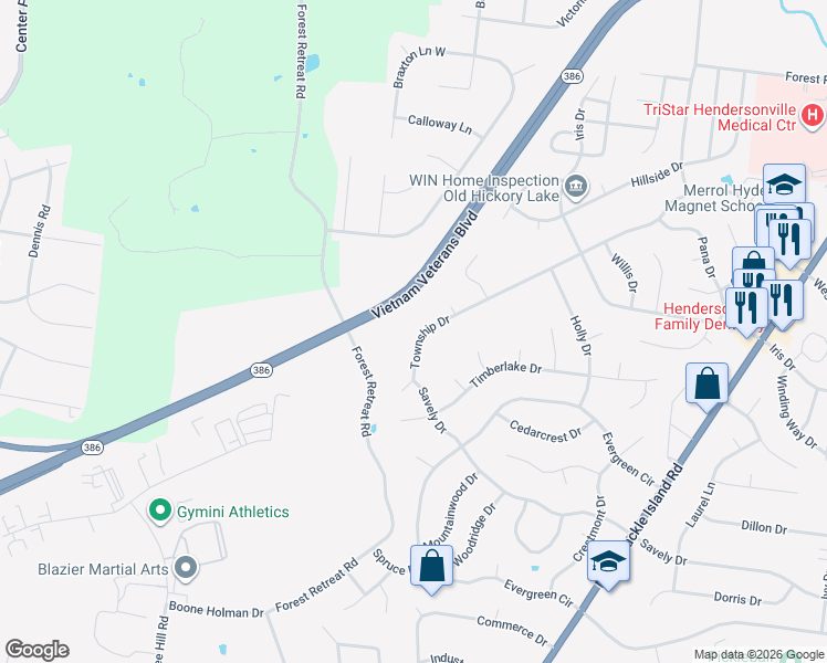 map of restaurants, bars, coffee shops, grocery stores, and more near 252 Township Drive in Hendersonville