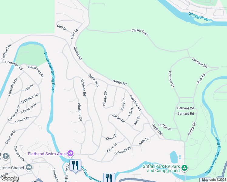 map of restaurants, bars, coffee shops, grocery stores, and more near 1 Hondo Circle in Cherokee Village