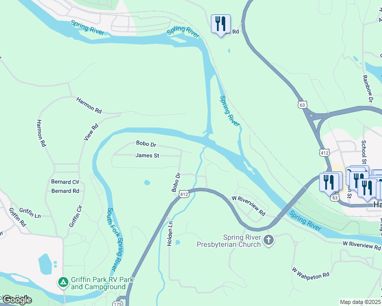 map of restaurants, bars, coffee shops, grocery stores, and more near 14 Bobo Drive in Hardy