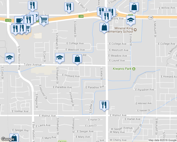 map of restaurants, bars, coffee shops, grocery stores, and more near 1247 South Cedar Court in Visalia
