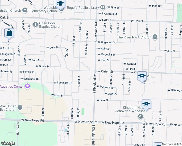 map of restaurants, bars, coffee shops, grocery stores, and more near 1810 West Olrich Street in Rogers