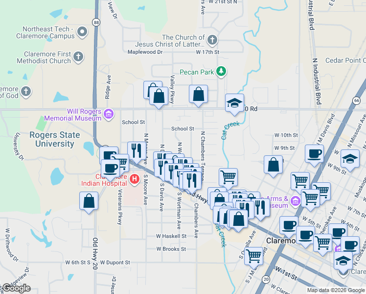 map of restaurants, bars, coffee shops, grocery stores, and more near 400 North Wortman Avenue in Claremore