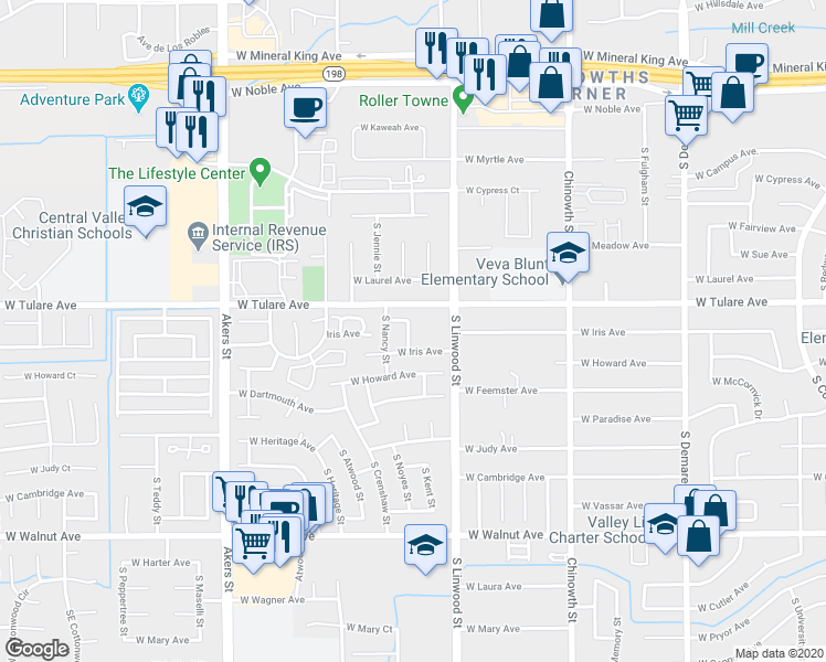 map of restaurants, bars, coffee shops, grocery stores, and more near 4629 Westgate Court in Visalia