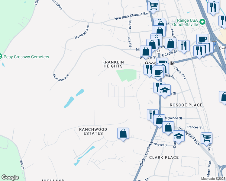map of restaurants, bars, coffee shops, grocery stores, and more near 497 Killarney Park in Goodlettsville