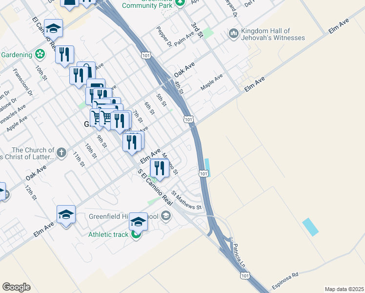 map of restaurants, bars, coffee shops, grocery stores, and more near 11 Walker Lane in Greenfield