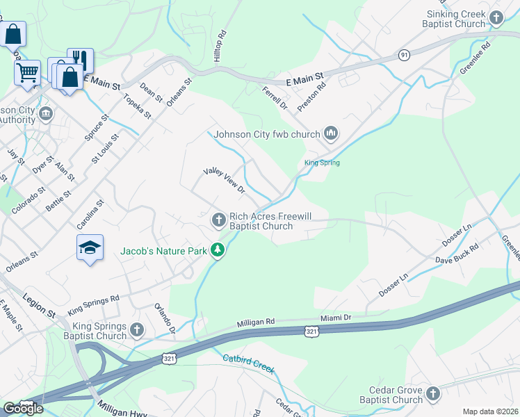 map of restaurants, bars, coffee shops, grocery stores, and more near 1500 King Springs Road in Johnson City