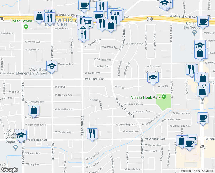 map of restaurants, bars, coffee shops, grocery stores, and more near 1304 South Chatham Street in Visalia