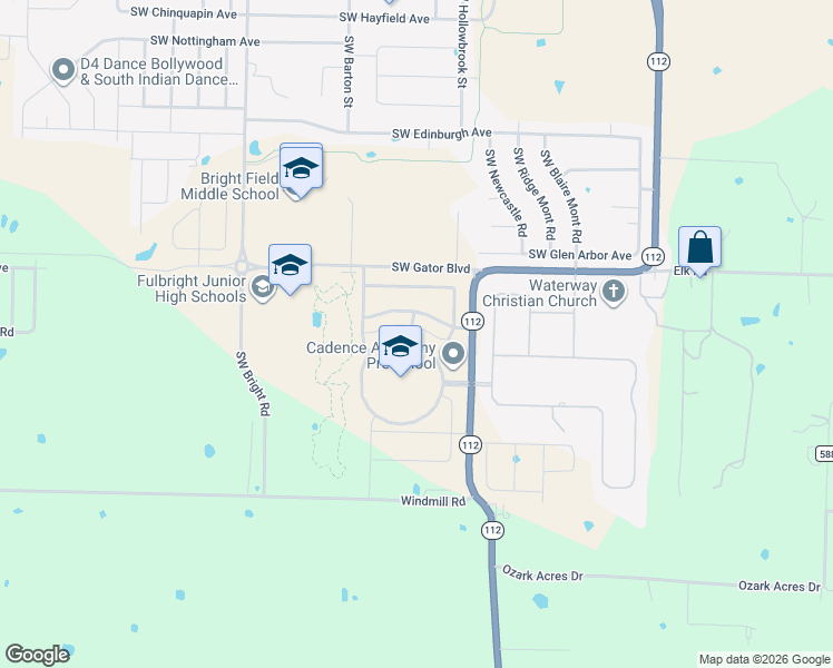map of restaurants, bars, coffee shops, grocery stores, and more near 1501 Southwest Rosedale Avenue in Bentonville