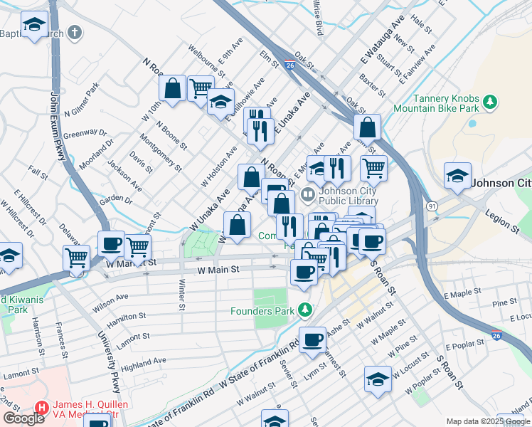 map of restaurants, bars, coffee shops, grocery stores, and more near 401 North Boone Street in Johnson City