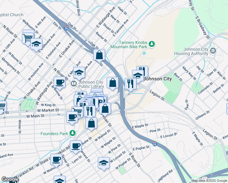 map of restaurants, bars, coffee shops, grocery stores, and more near 223 East Market Street in Johnson City
