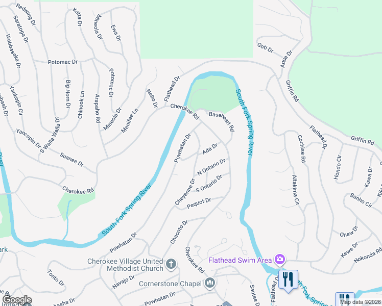 map of restaurants, bars, coffee shops, grocery stores, and more near 9 Ada Drive in Cherokee Village