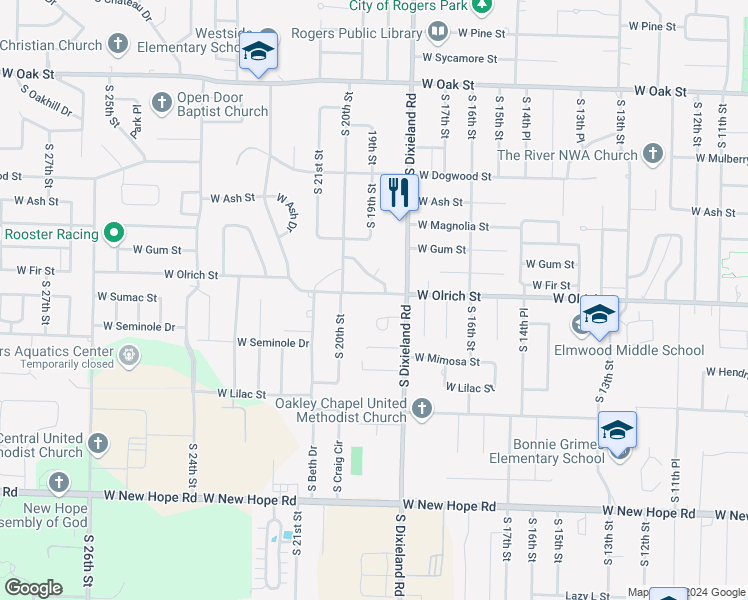 map of restaurants, bars, coffee shops, grocery stores, and more near 1814 West Olrich Street in Rogers