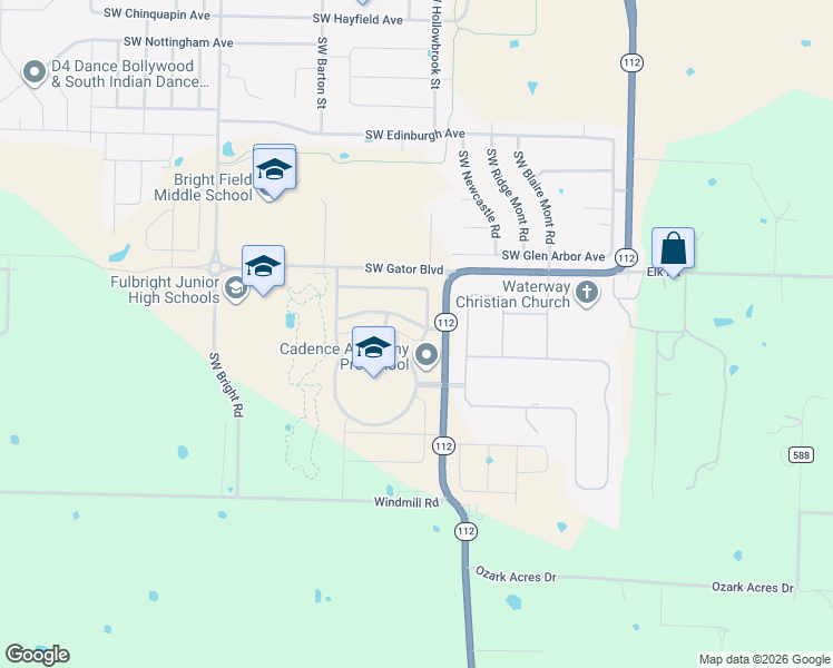 map of restaurants, bars, coffee shops, grocery stores, and more near 1401 Southwest Rosedale Avenue in Bentonville