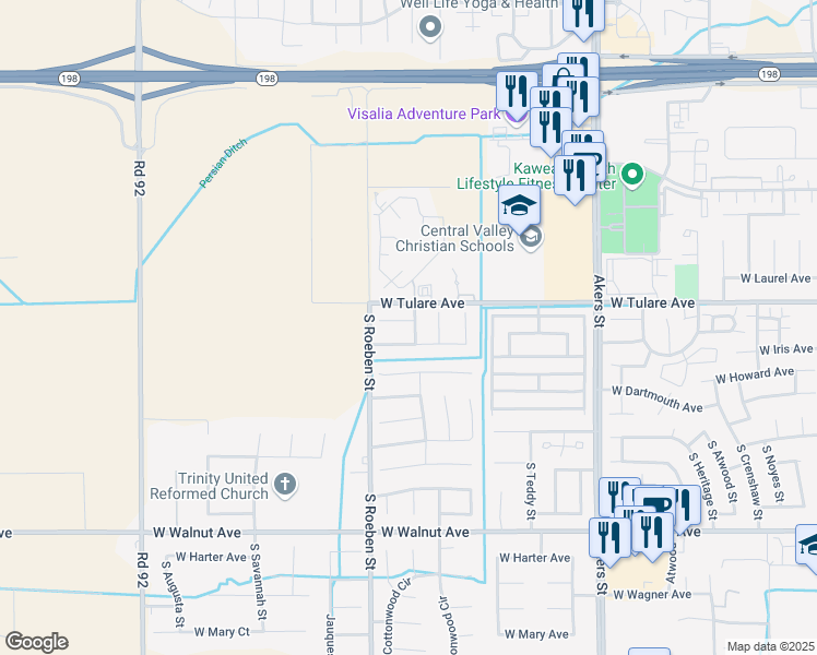 map of restaurants, bars, coffee shops, grocery stores, and more near 5923 West Iris Court in Visalia