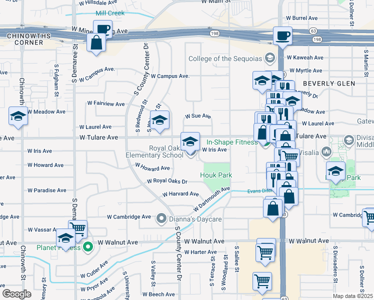 map of restaurants, bars, coffee shops, grocery stores, and more near 1247 South Emerald Court in Visalia