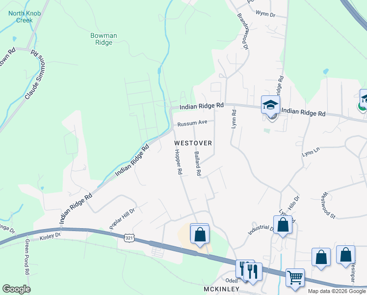map of restaurants, bars, coffee shops, grocery stores, and more near 1319 Ballard Road in Johnson City