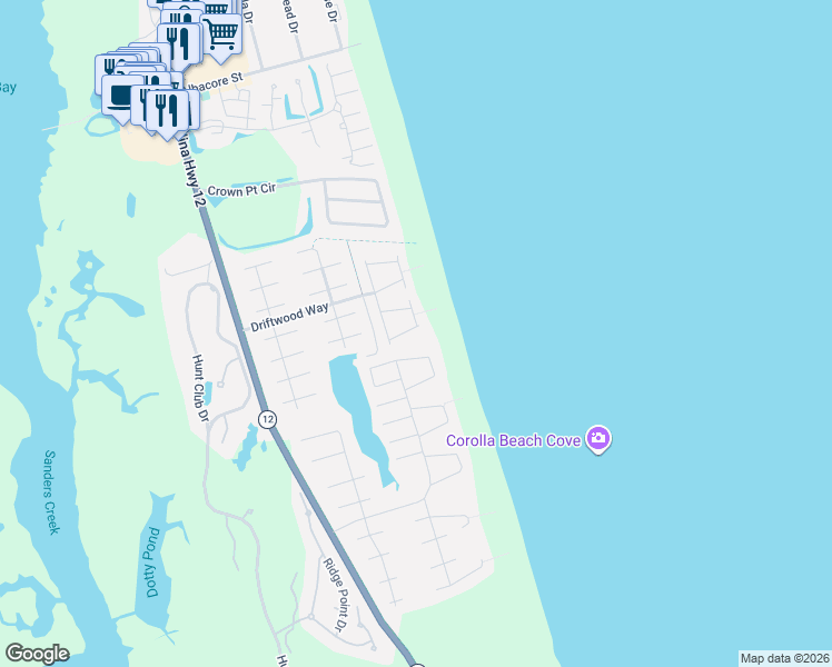 map of restaurants, bars, coffee shops, grocery stores, and more near 717 Mainsail Arch in Corolla